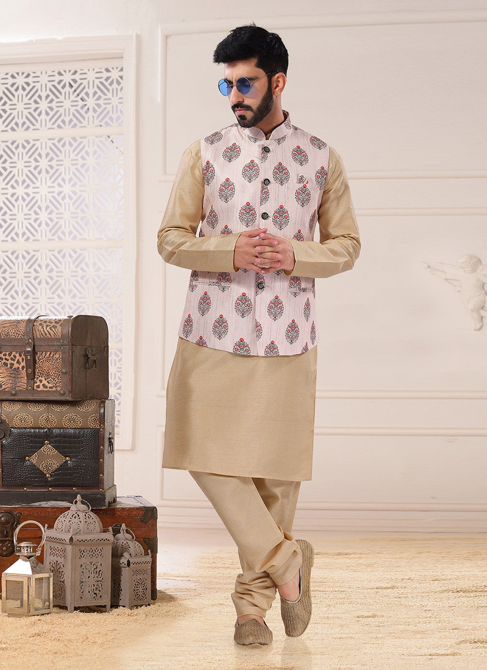 Embroidered Silk Beige, Cream Kurta Payjama With Jacket - M4700