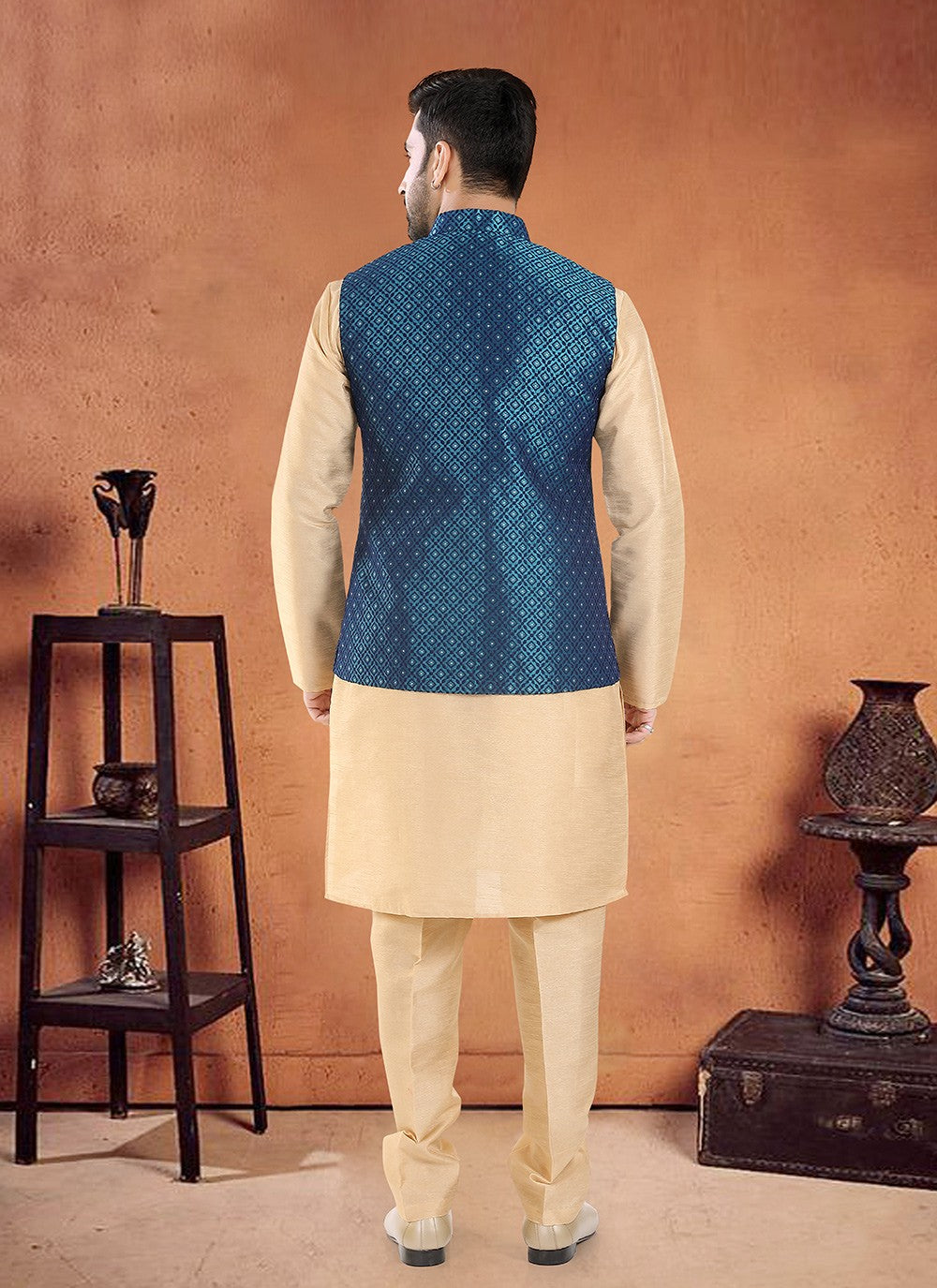 Embroidered Silk Cream, Teal Kurta Payjama With Jacket - M8128