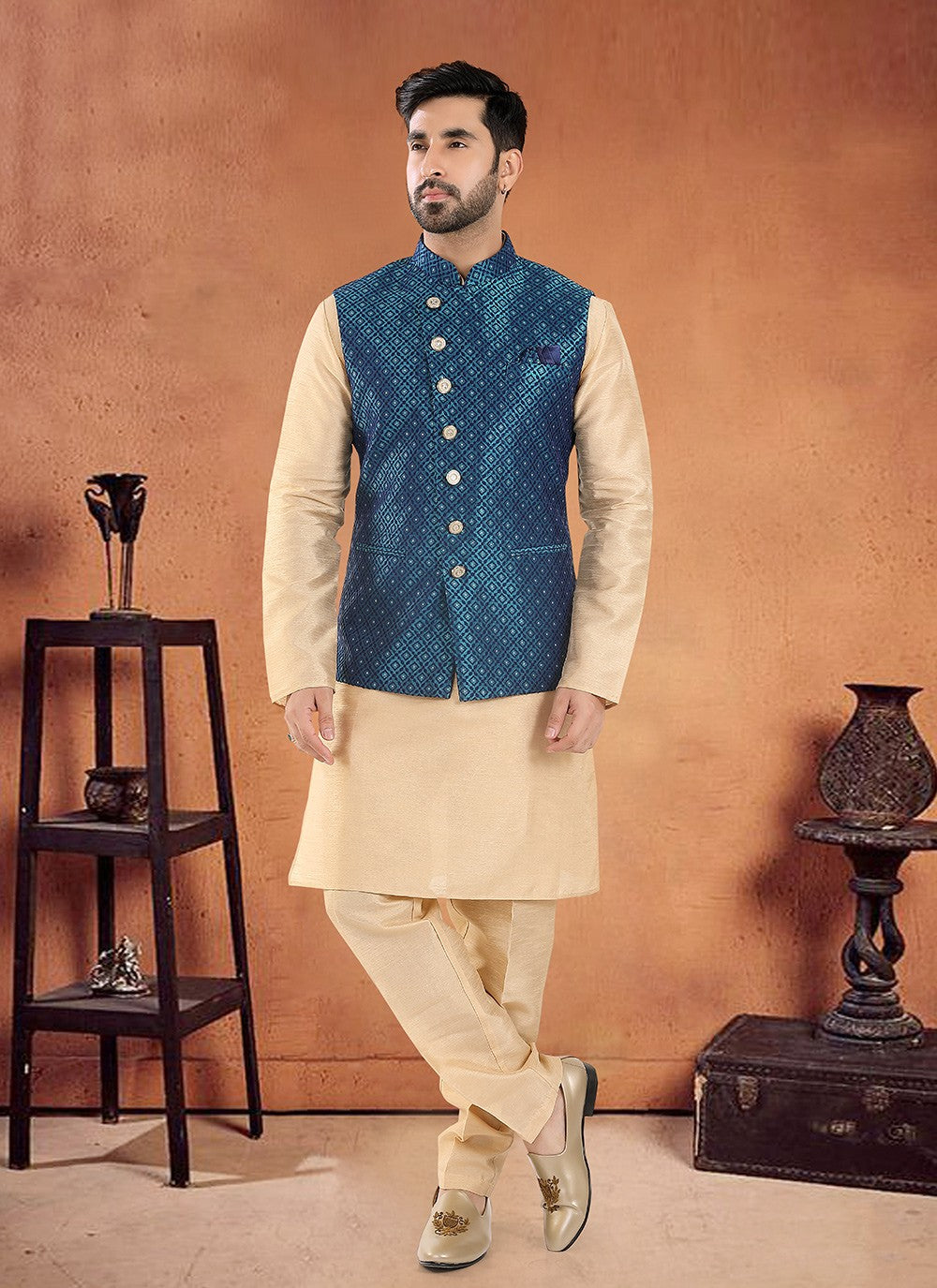 Embroidered Silk Cream, Teal Kurta Payjama With Jacket - M8128