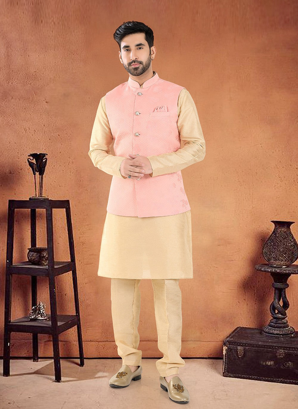 Embroidered Silk Pink Kurta Payjama With Jacket - M8139