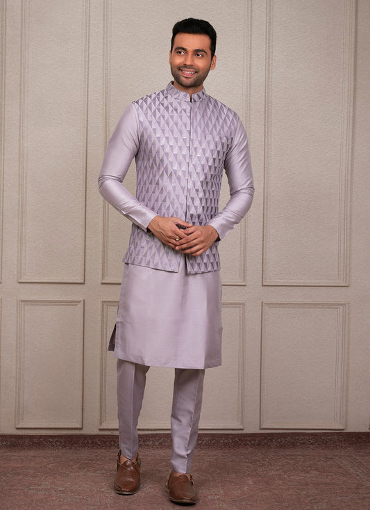 Embroidered Silk Purple Kurta Payjama With Jacket - M8366