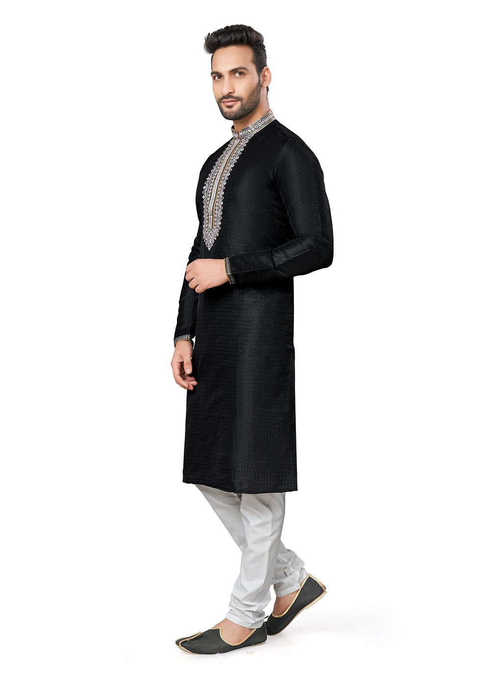 Embroidered Silk Black Kurta Pyjama - M6398