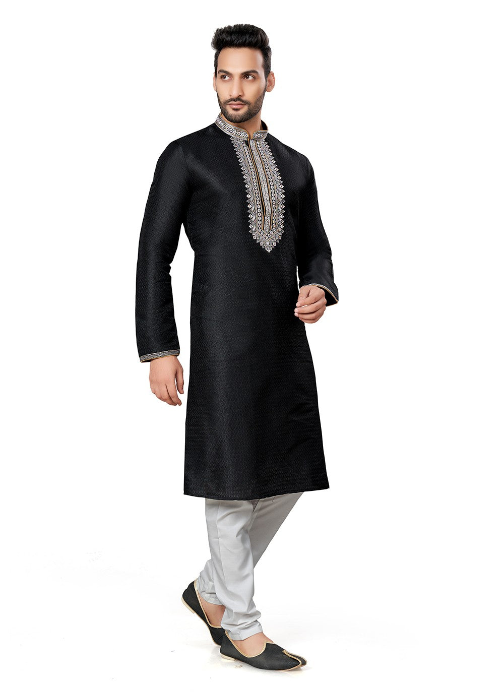 Embroidered Silk Black Kurta Pyjama - M6398