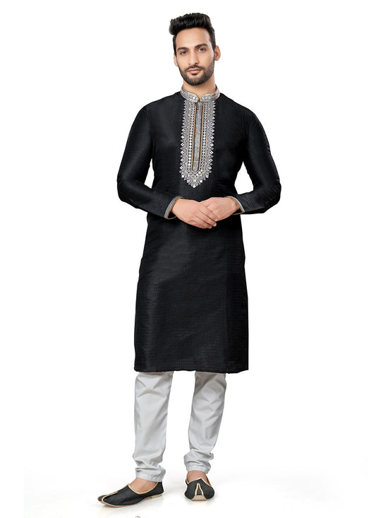 Embroidered Silk Black Kurta Pyjama - M6398