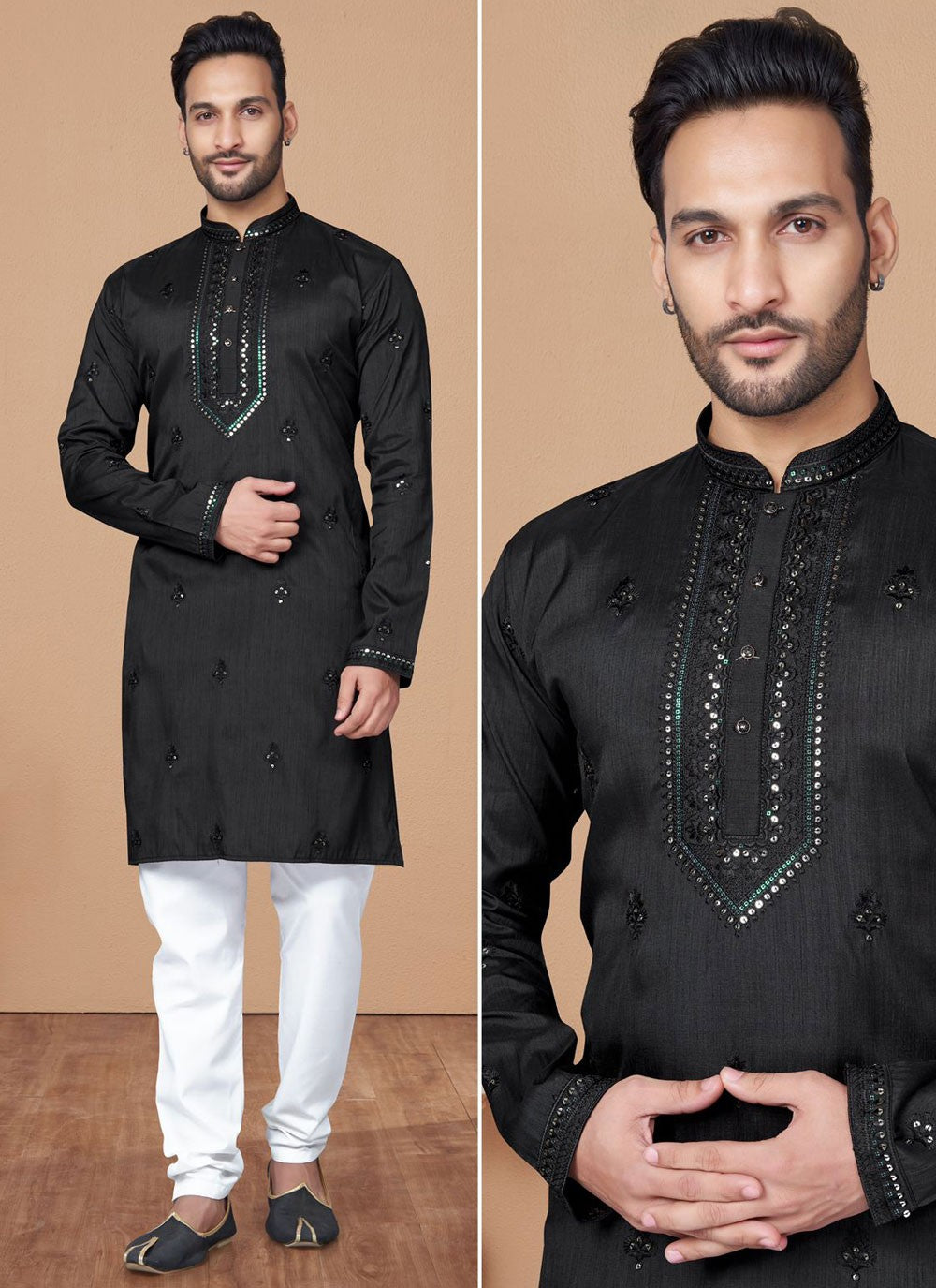 Embroidered Silk Black Kurta Pyjama - M7171