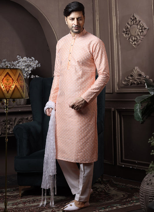 Embroidered Lucknowi, Silk Peach Kurta Pyjama - M3649