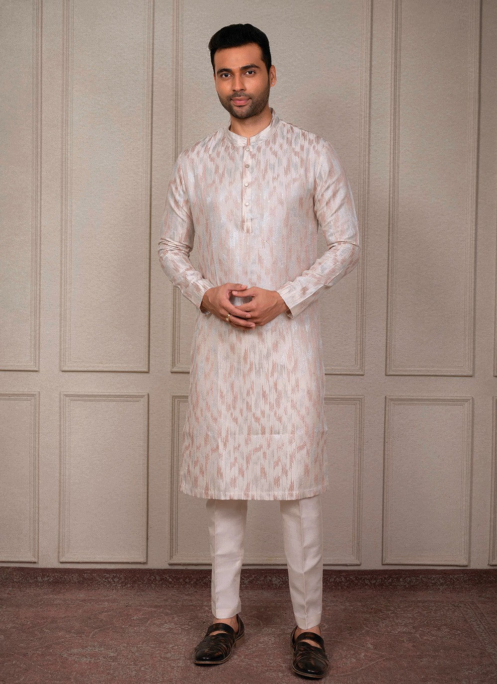 Embroidered Silk Peach Kurta Pyjama - M8396