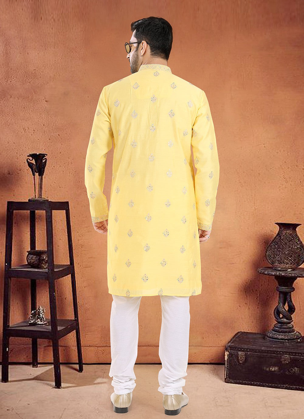 Embroidered Silk Yellow Kurta Pyjama - M8098