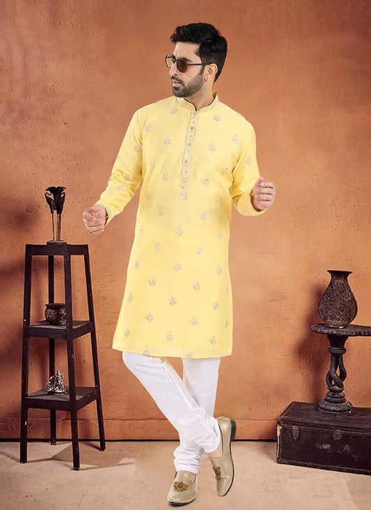 Embroidered Silk Yellow Kurta Pyjama - M8098