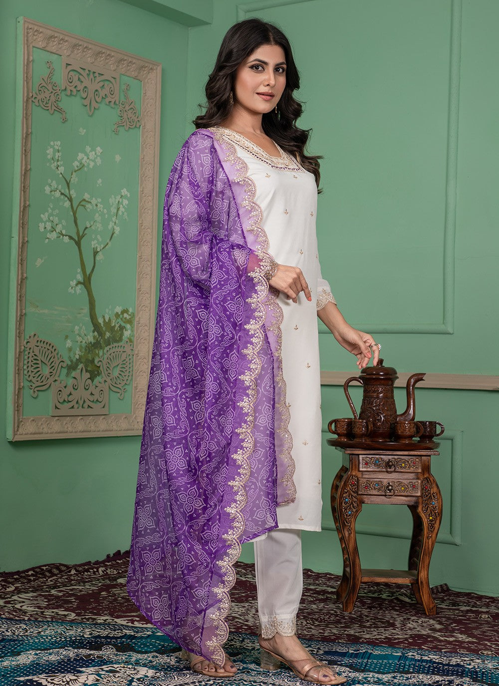 Embroidered Silk Pant Style Suit - T4735