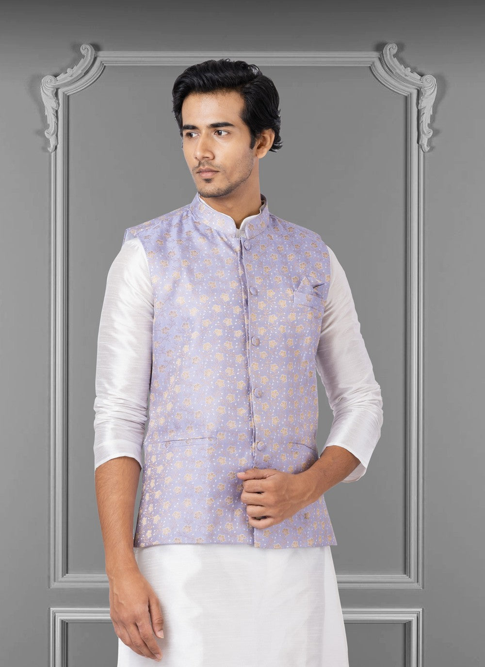 Embroidered Linen, Silk Purple Nehru Jackets - M3812