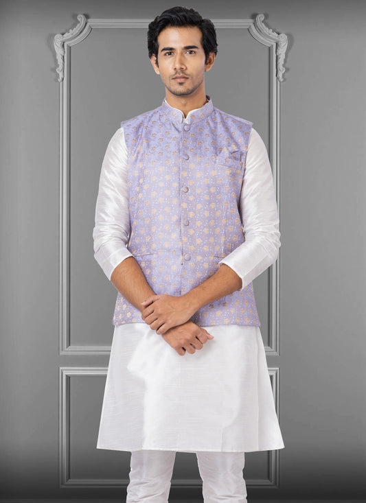 Embroidered Linen, Silk Purple Nehru Jackets - M3812