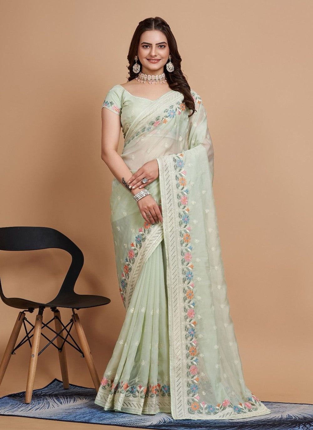 Trendy Embroidered Organza, Silk Saree - S5215