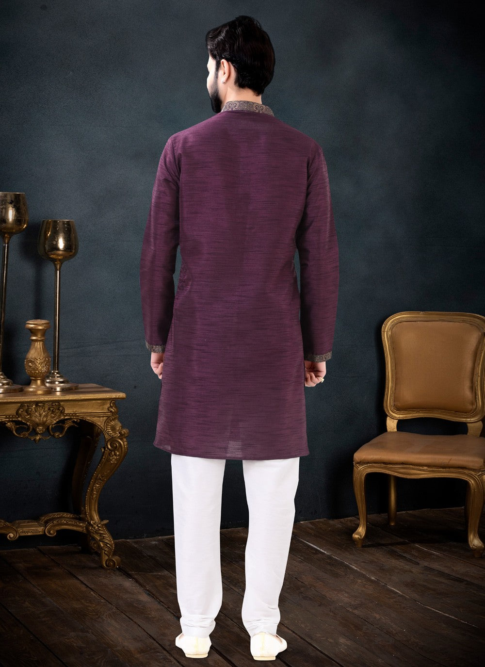 Embroidered Silk Wine Kurta Pyjama - M4445