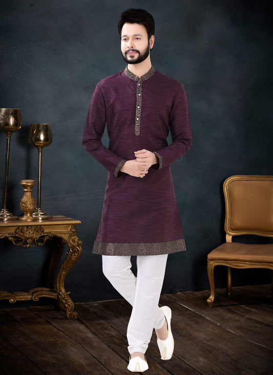 Embroidered Silk Wine Kurta Pyjama - M4445