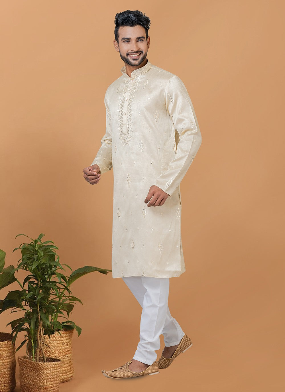 Fancy Work Silk Beige Kurta Pyjama - M6264