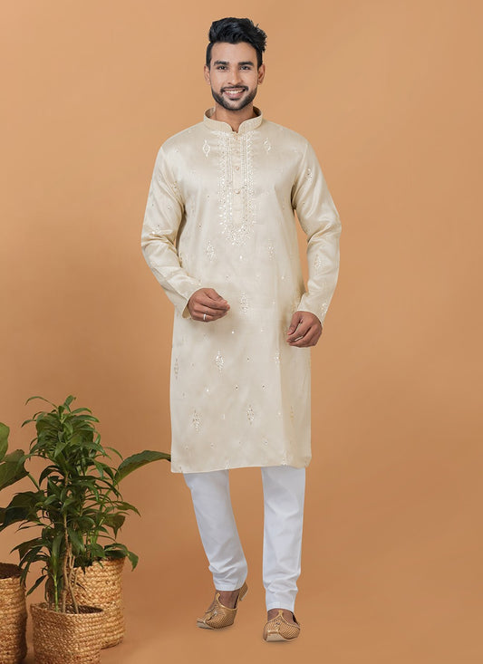 Fancy Work Silk Beige Kurta Pyjama - M6264