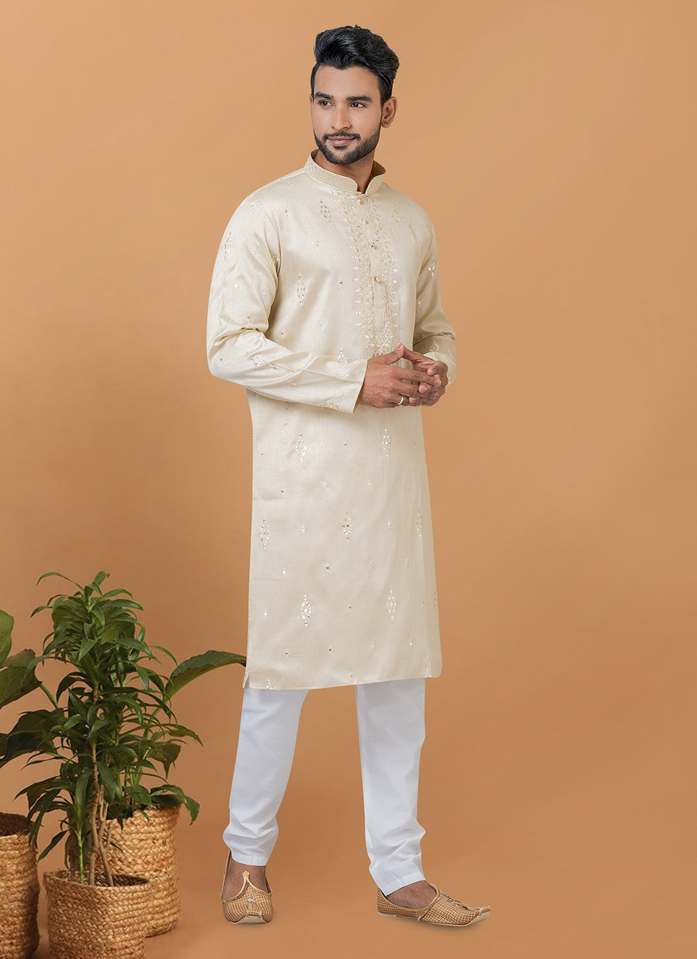 Fancy Work Silk Beige Kurta Pyjama - M6264