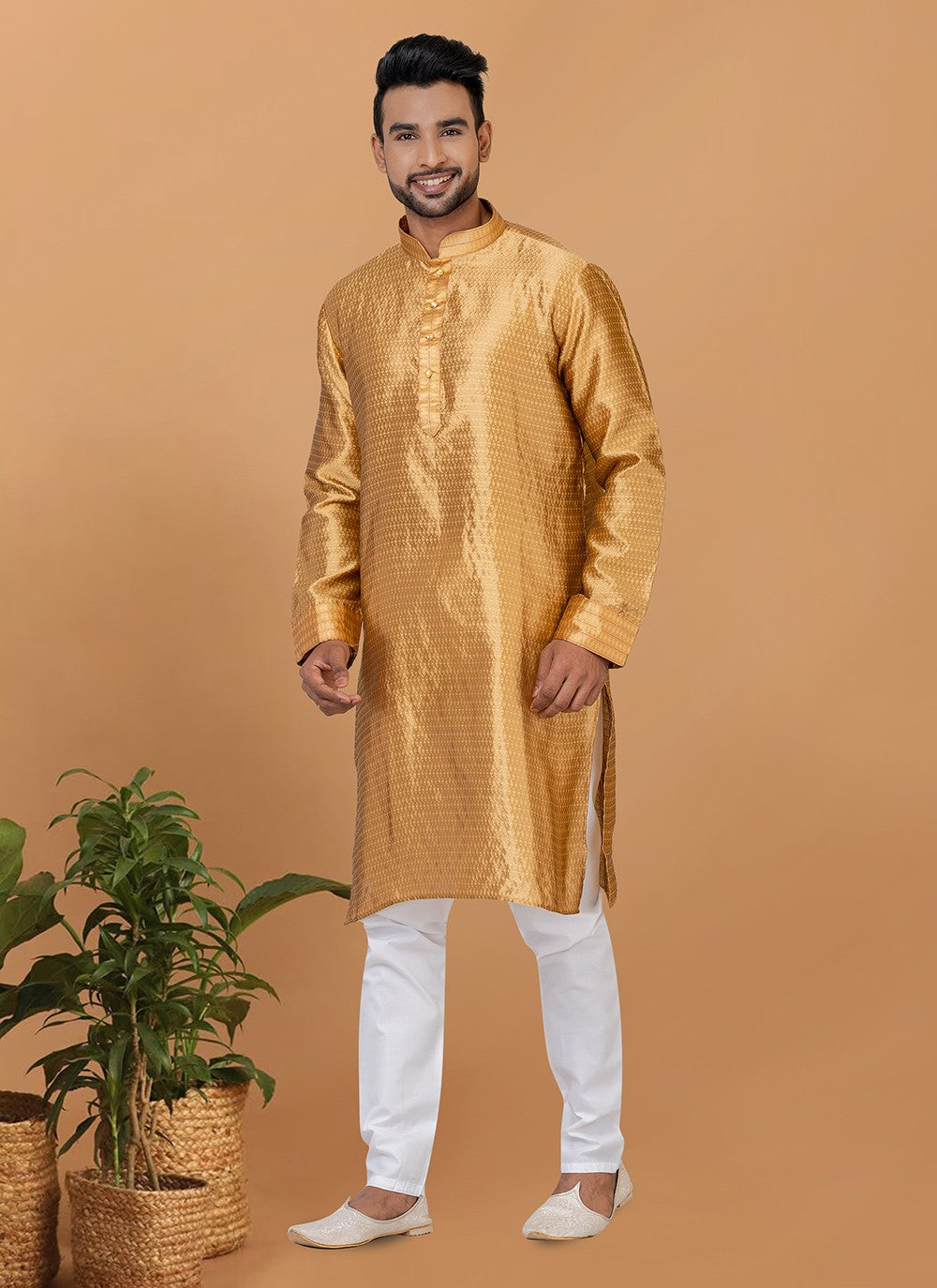 Fancy Work Silk Beige Kurta Pyjama - M6366