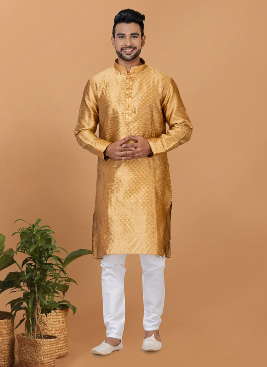 Fancy Work Silk Beige Kurta Pyjama - M6366