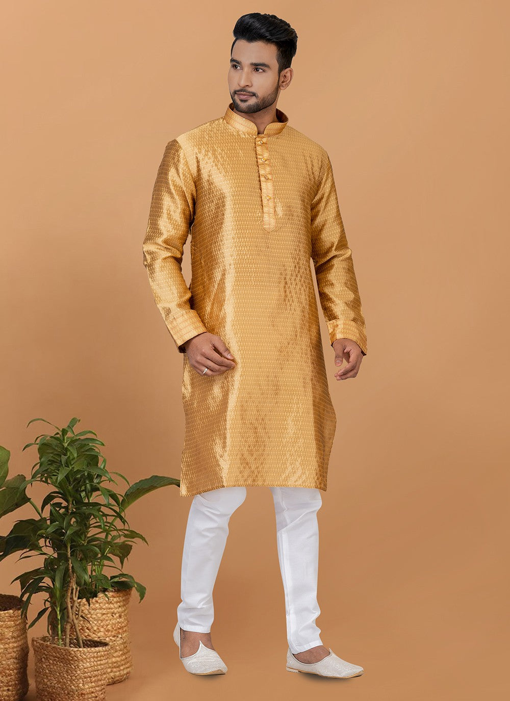 Fancy Work Silk Beige Kurta Pyjama - M6366