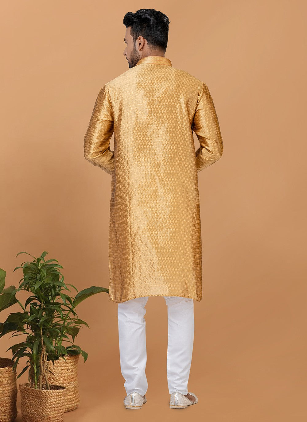 Fancy Work Silk Beige Kurta Pyjama - M6366