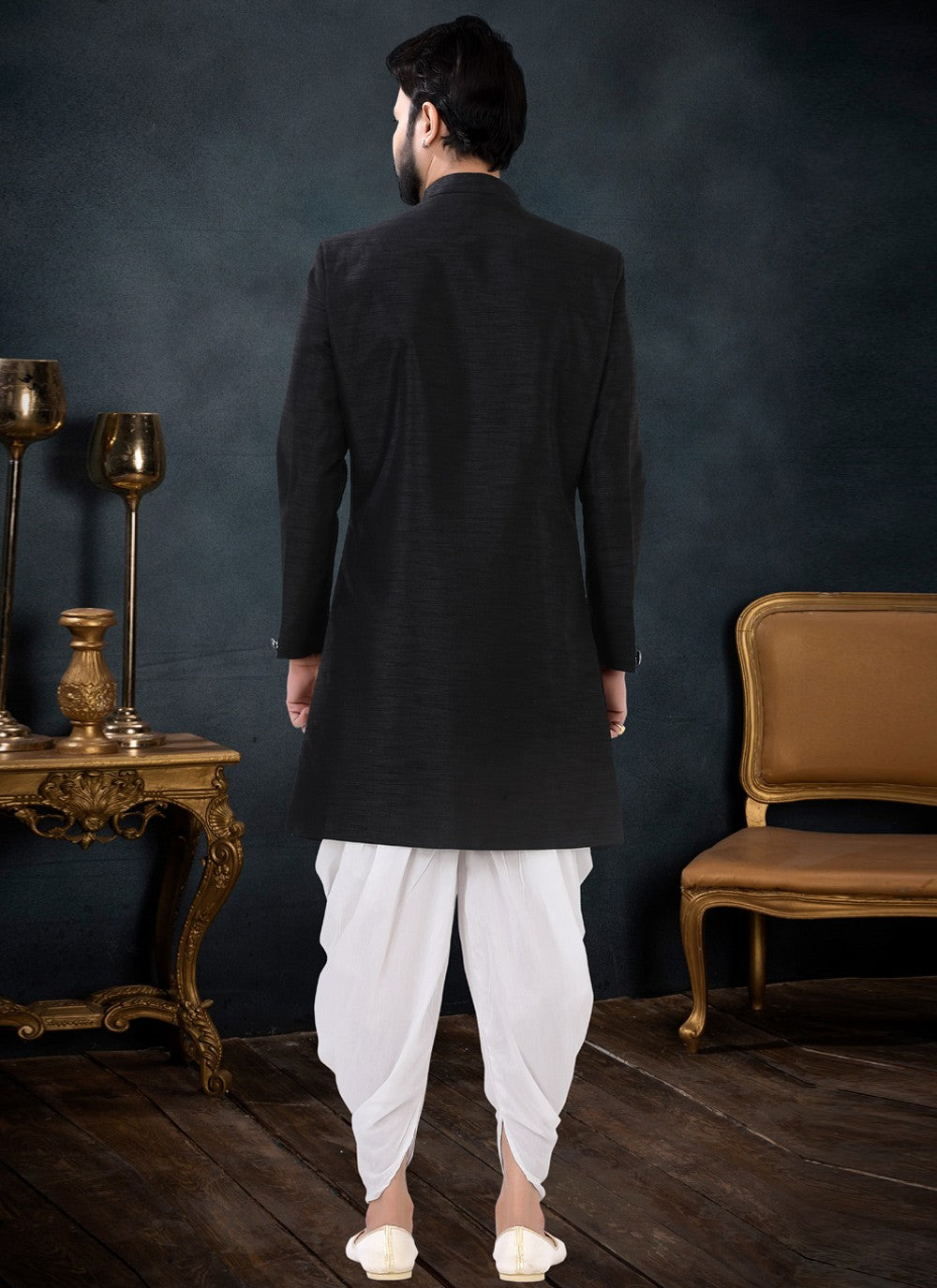 Fancy Work Silk Black Indo Western Sherwani - M4441