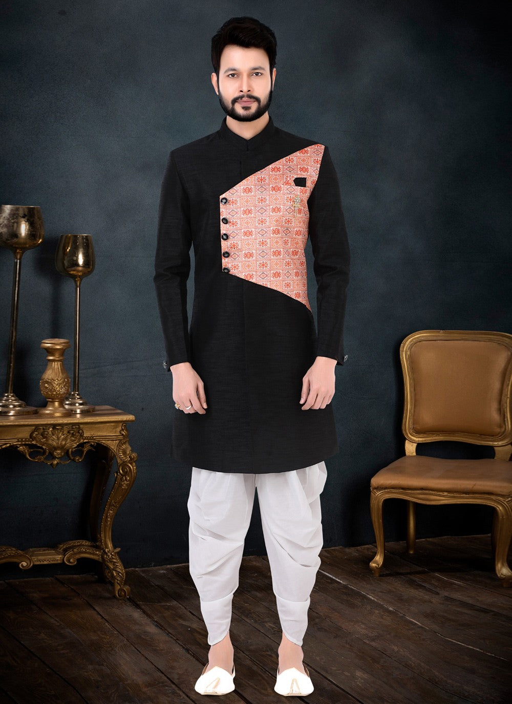 Fancy Work Silk Black Indo Western Sherwani - M4441