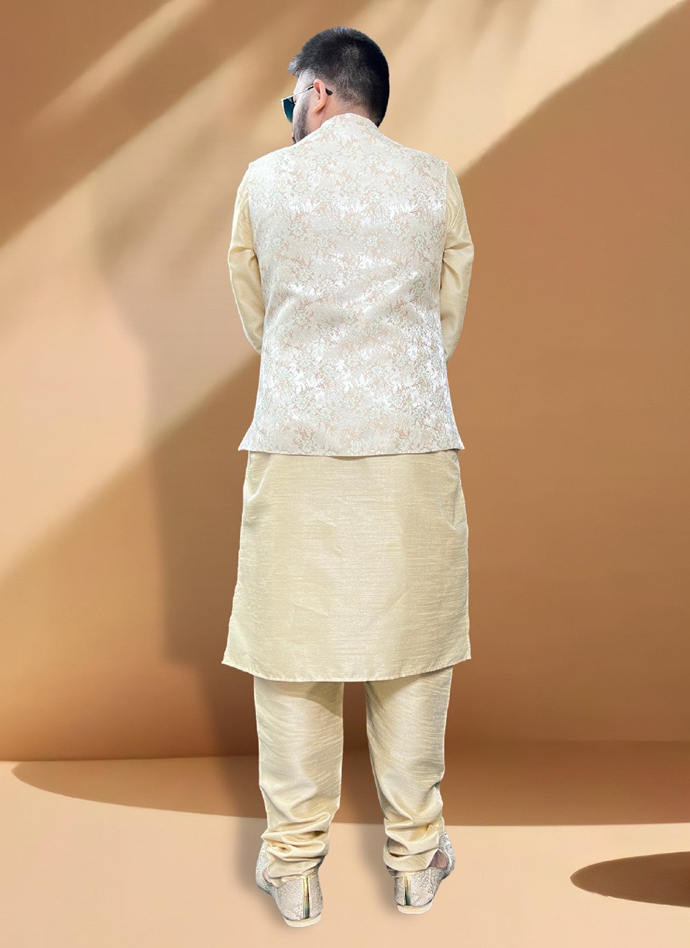 Fancy Work Silk Gold Kurta Payjama With Jacket - M5352