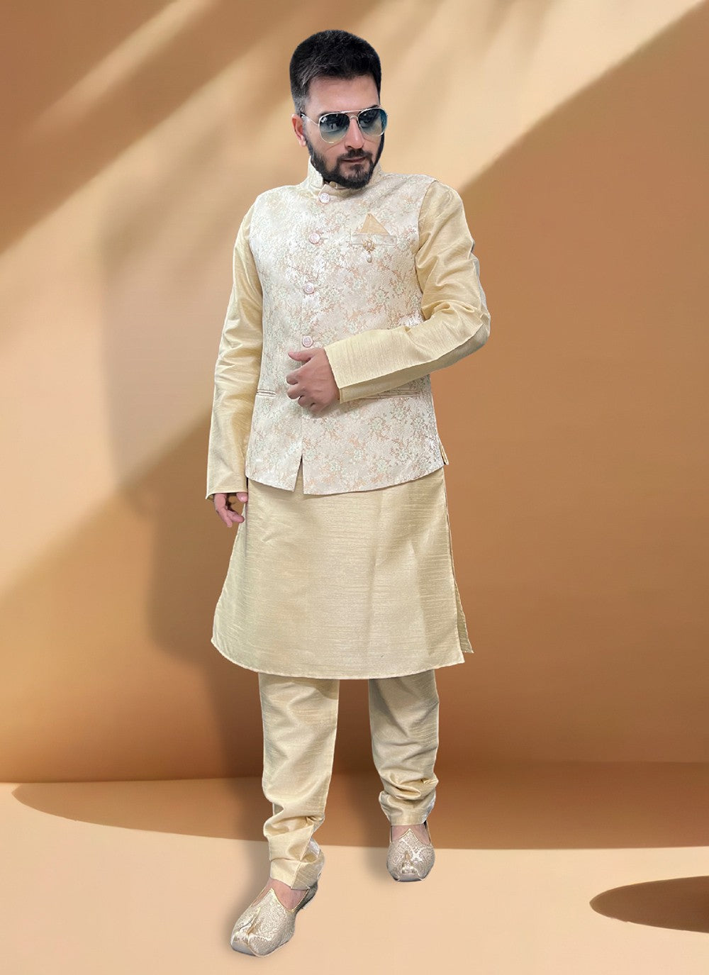 Fancy Work Silk Gold Kurta Payjama With Jacket - M5352