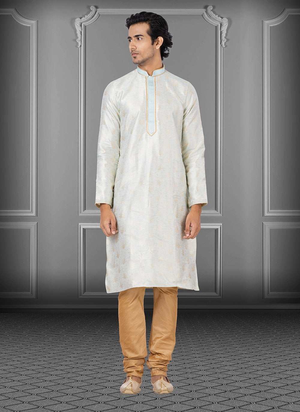 Fancy Work Linen, Silk Off White Kurta Pyjama - M3658