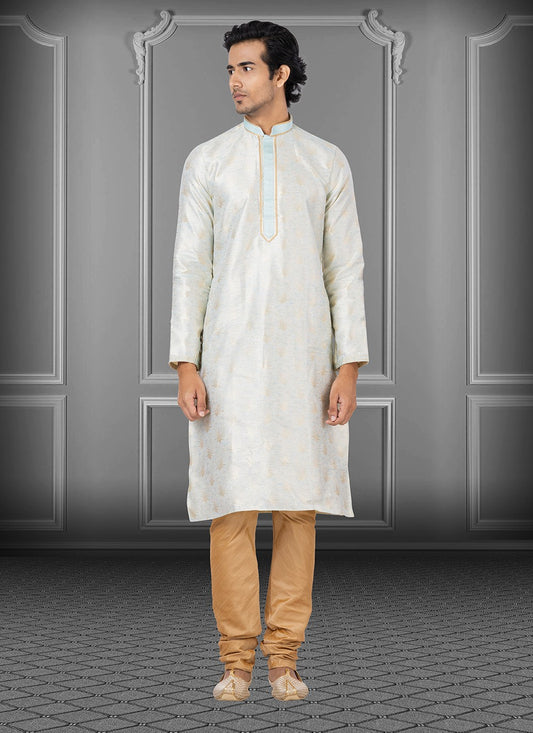 Fancy Work Linen, Silk Off White Kurta Pyjama - M3658