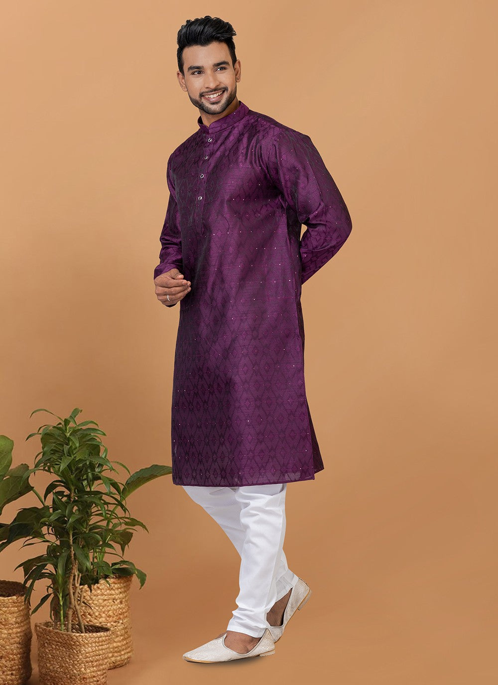 Fancy Work Silk Purple Kurta Pyjama - M6372