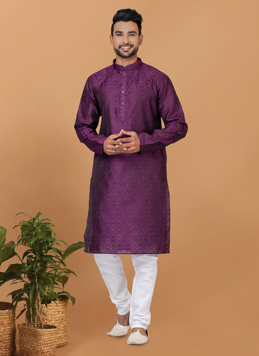 Fancy Work Silk Purple Kurta Pyjama - M6372