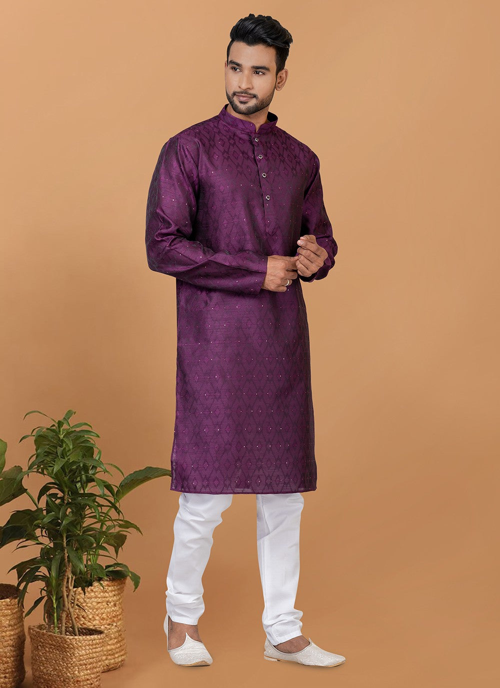 Fancy Work Silk Purple Kurta Pyjama - M6372