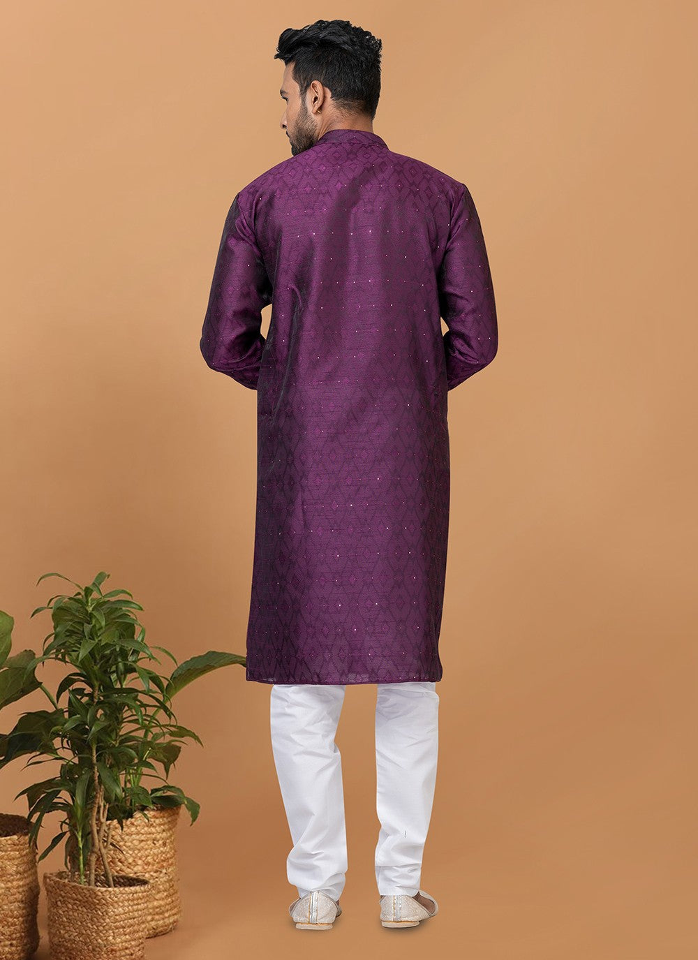 Fancy Work Silk Purple Kurta Pyjama - M6372