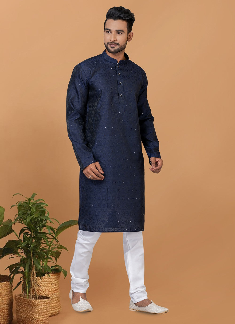 Fancy Work Silk Navy Blue Kurta Pyjama - M6369