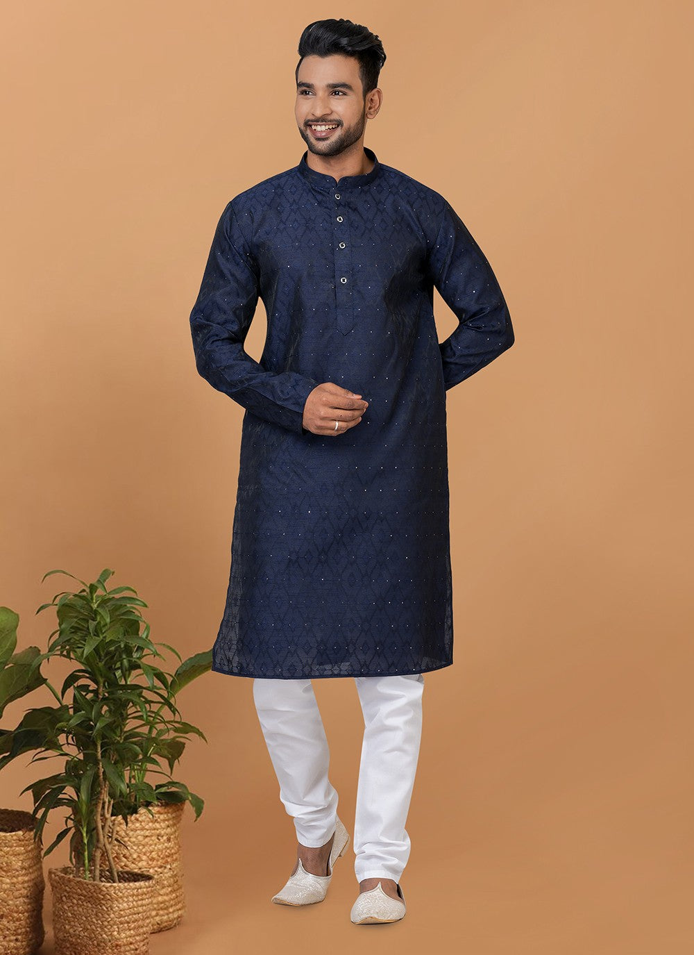 Fancy Work Silk Navy Blue Kurta Pyjama - M6369