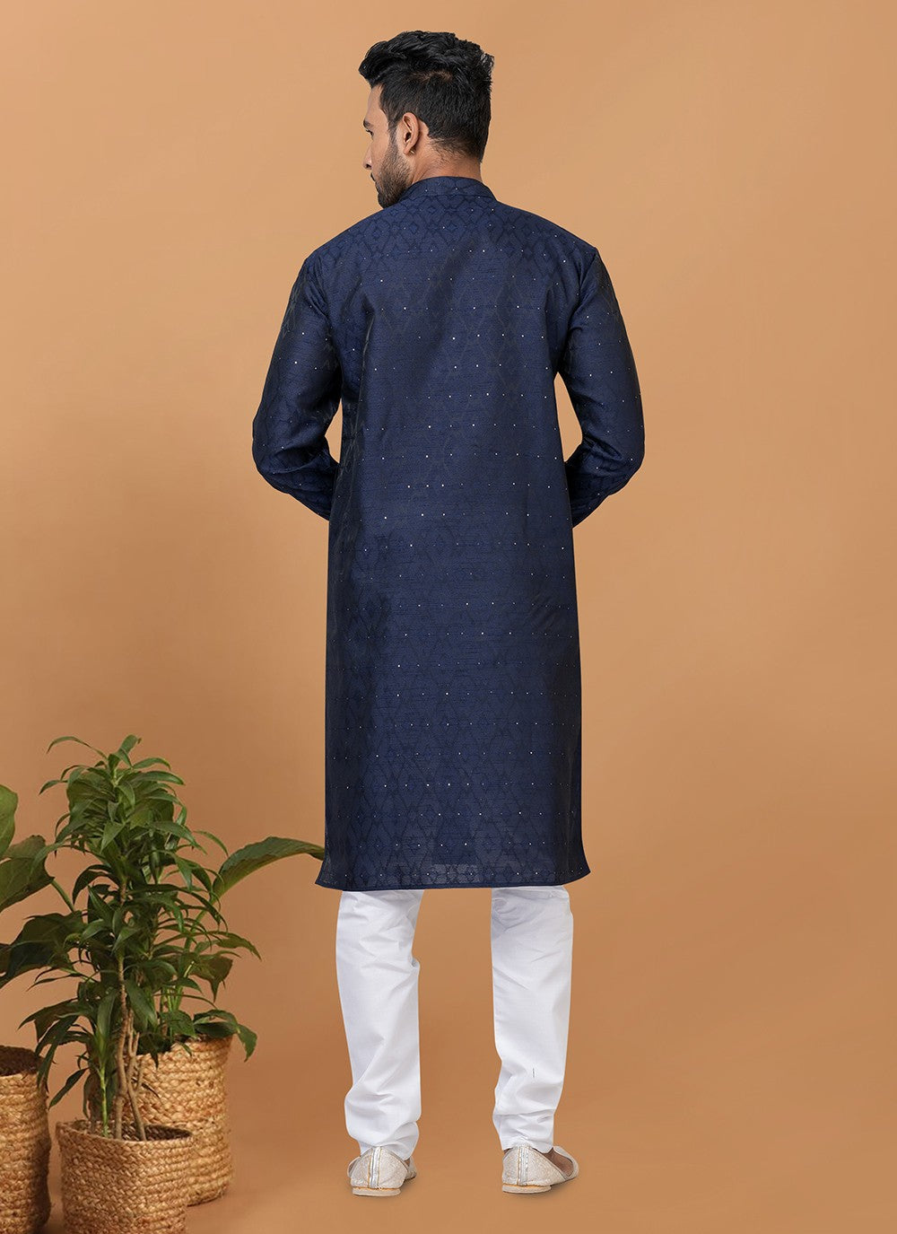 Fancy Work Silk Navy Blue Kurta Pyjama - M6369