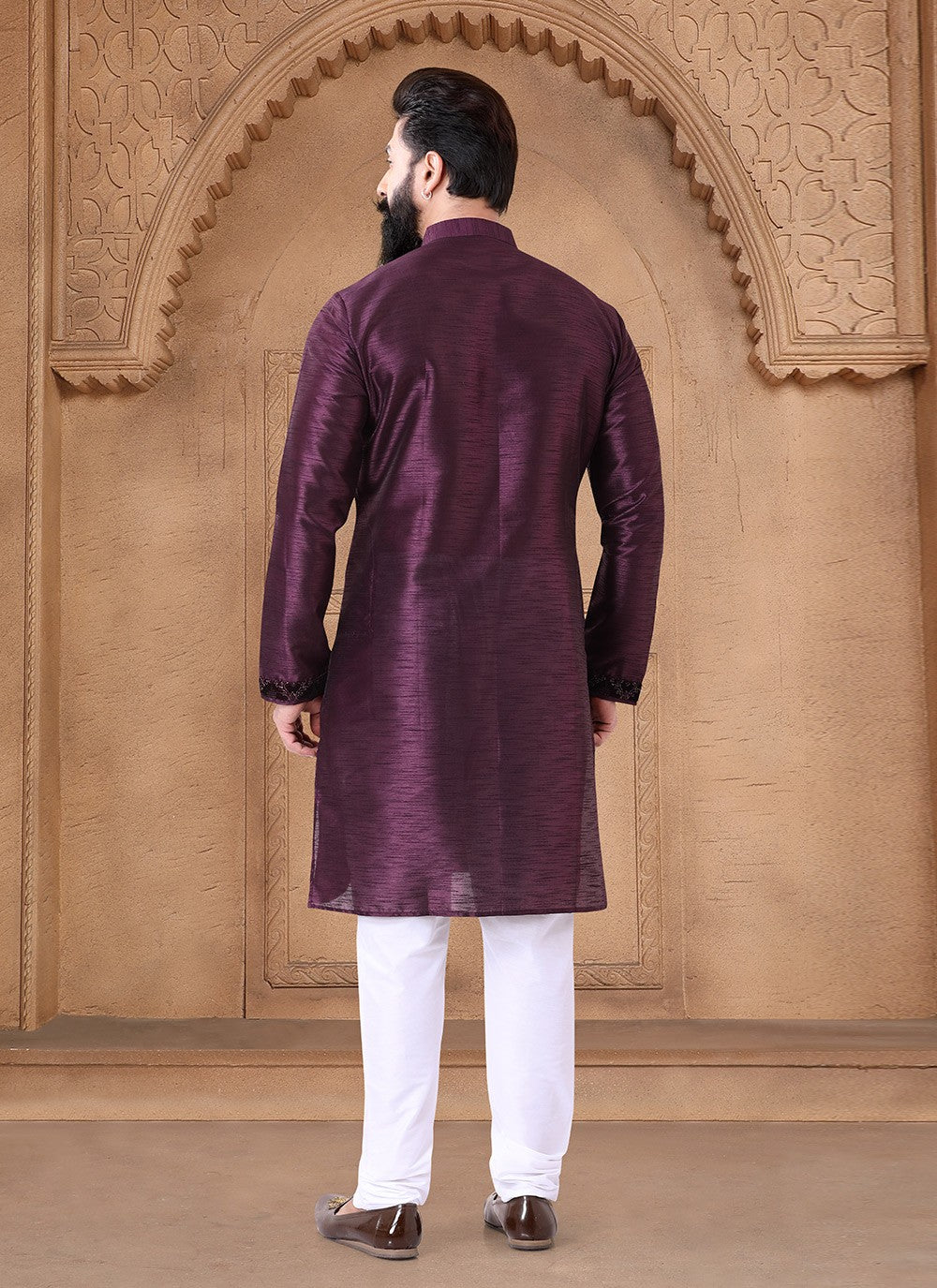 Fancy Work Silk Wine Kurta - M7647