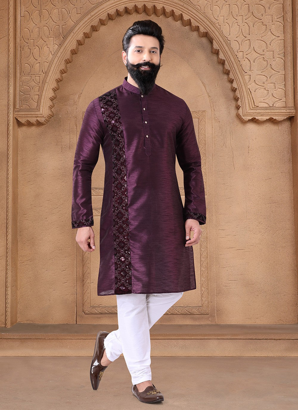 Fancy Work Silk Wine Kurta - M7647