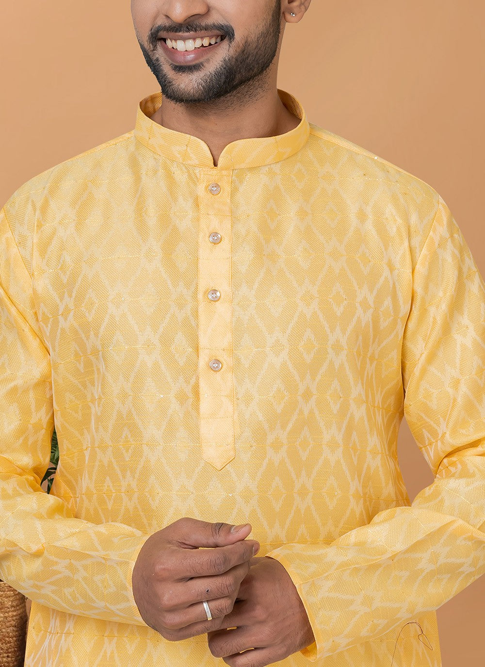 Fancy Work Silk Yellow Kurta Pyjama - M6374