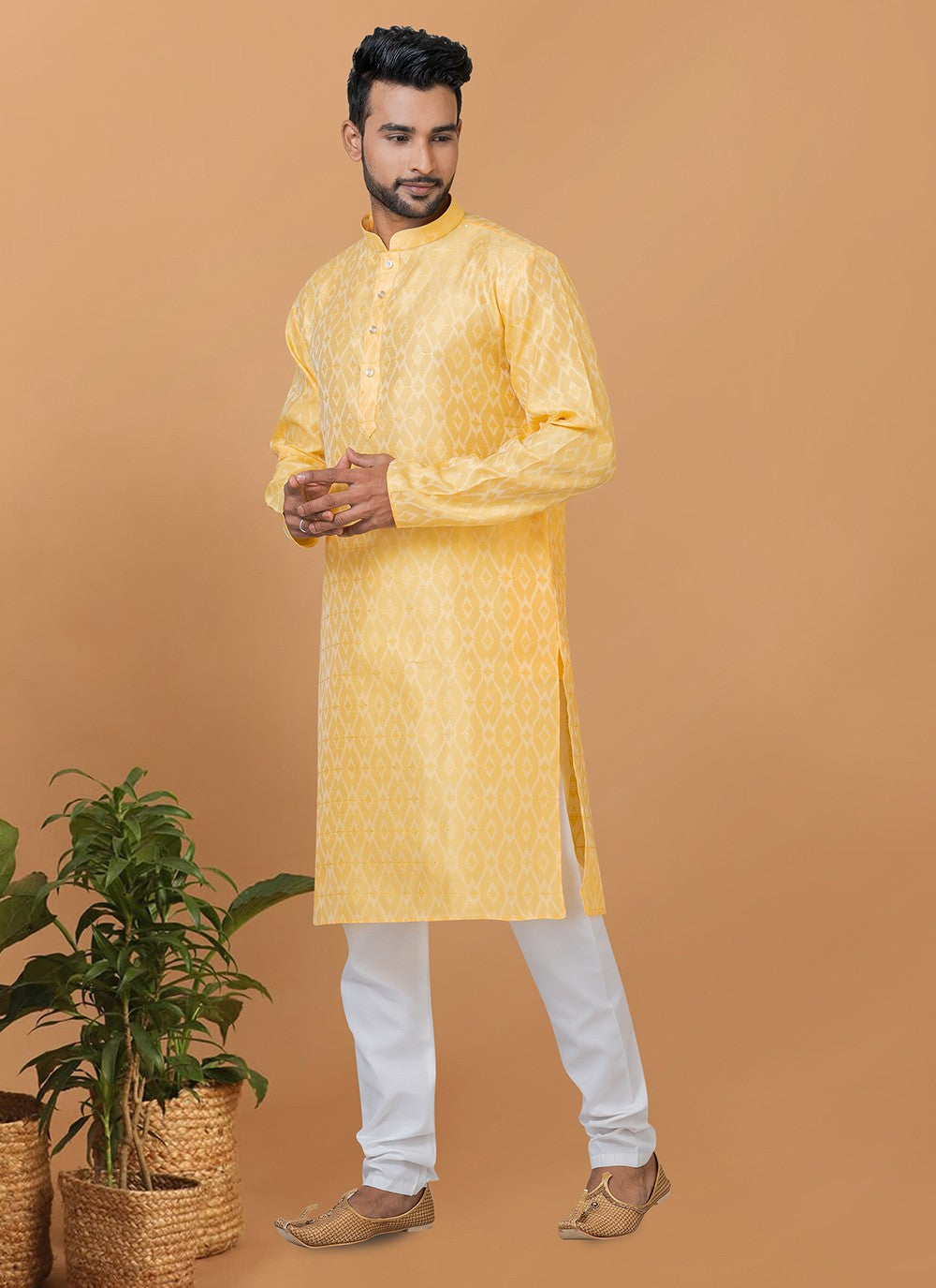 Fancy Work Silk Yellow Kurta Pyjama - M6374