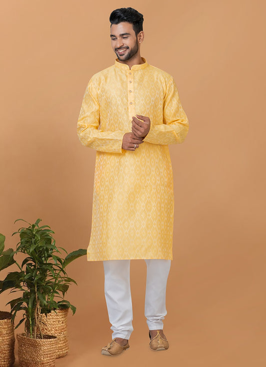 Fancy Work Silk Yellow Kurta Pyjama - M6374