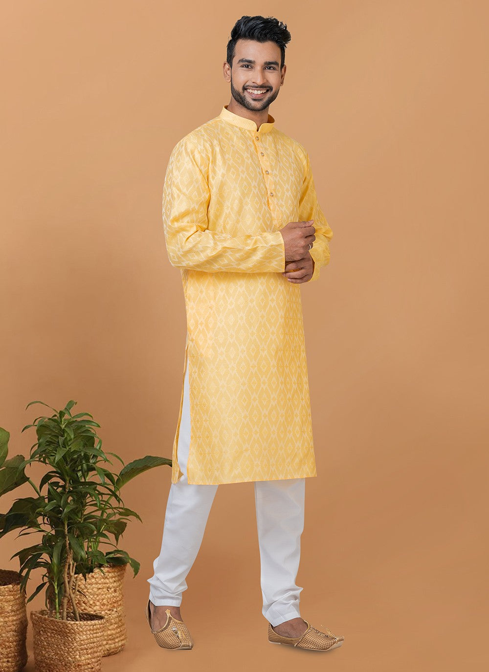 Fancy Work Silk Yellow Kurta Pyjama - M6374