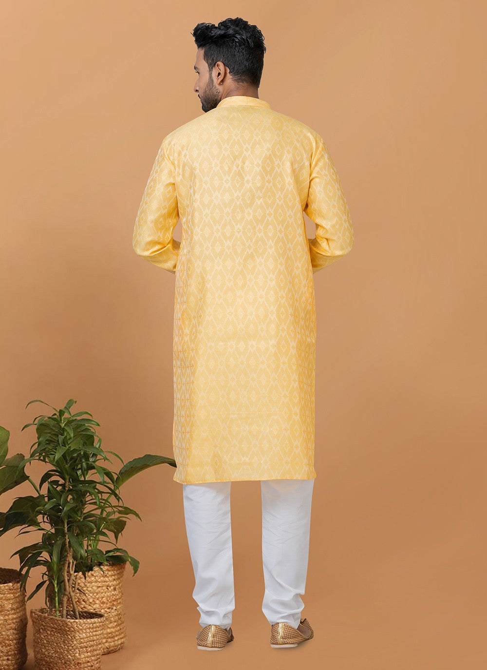 Fancy Work Silk Yellow Kurta Pyjama - M6374