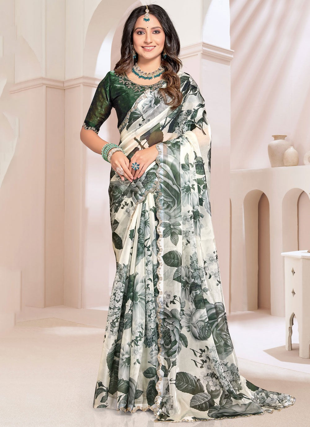 Trendy Cut Work Organza, Silk Aqua Blue Saree - S11267