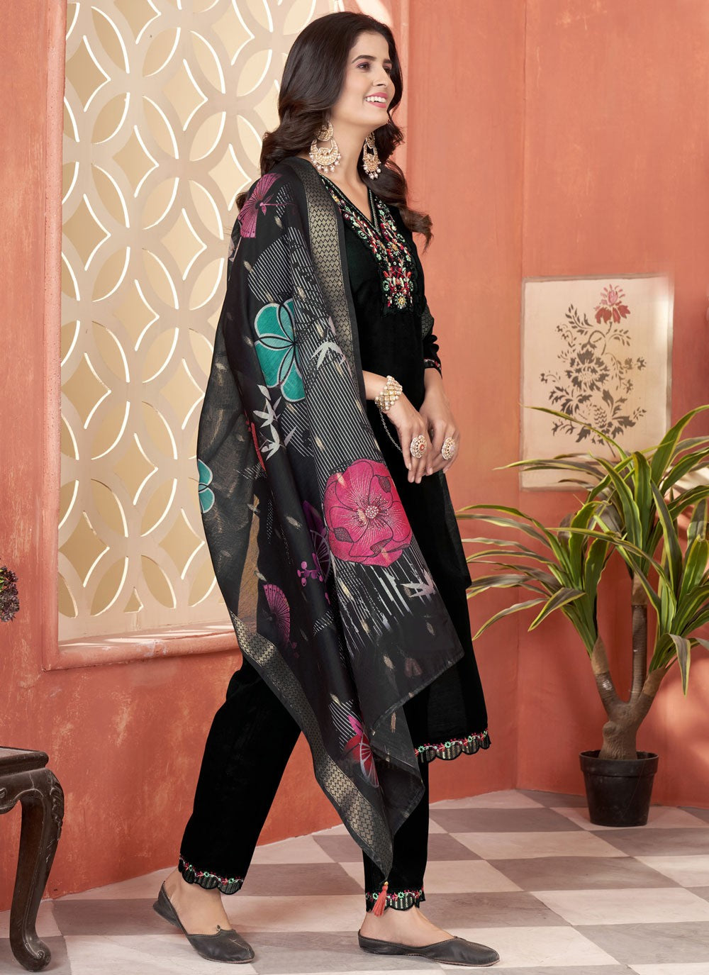 Embroidered Silk Pant Style Suit - T4848