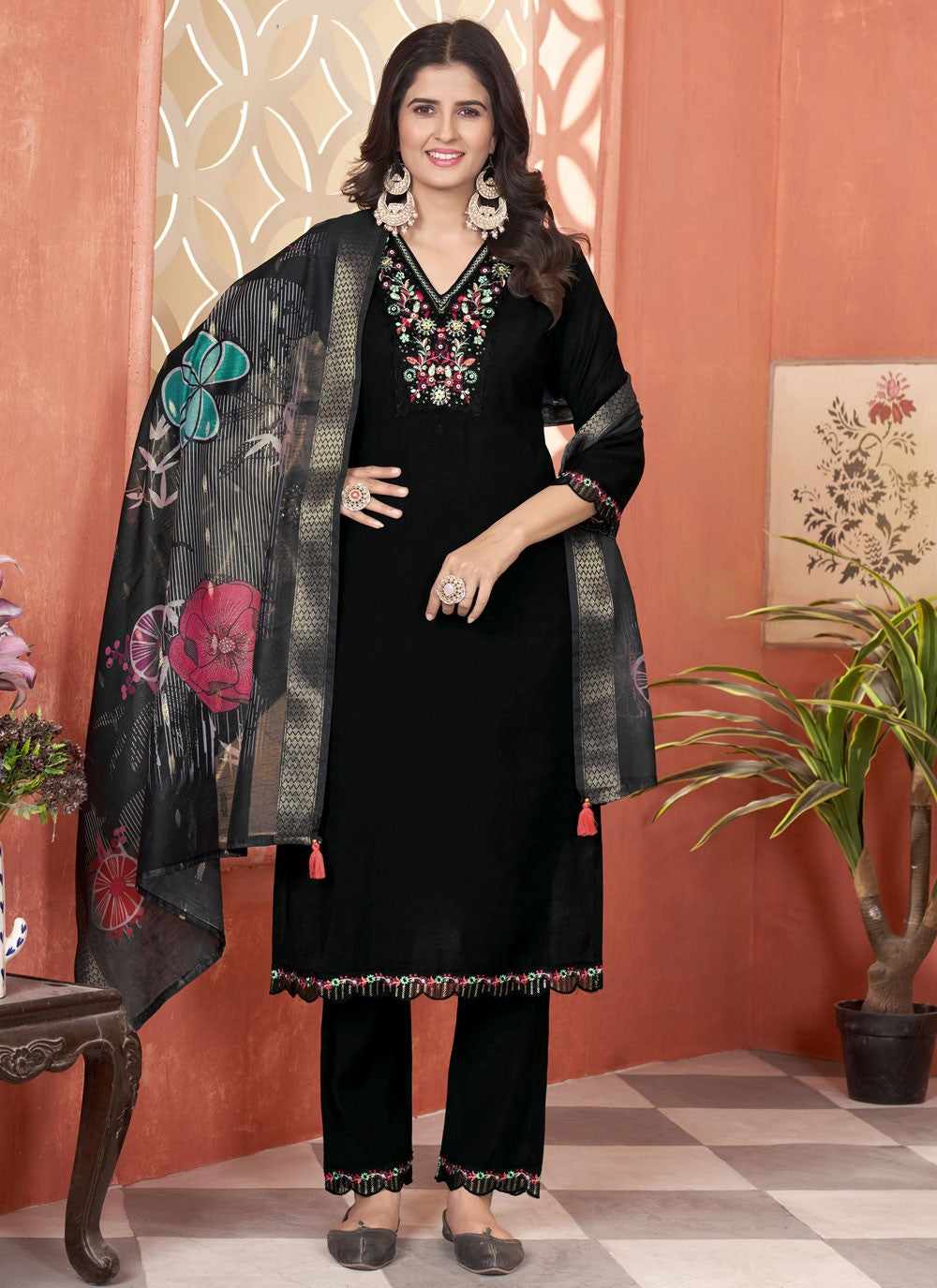 Embroidered Silk Pant Style Suit - T4848