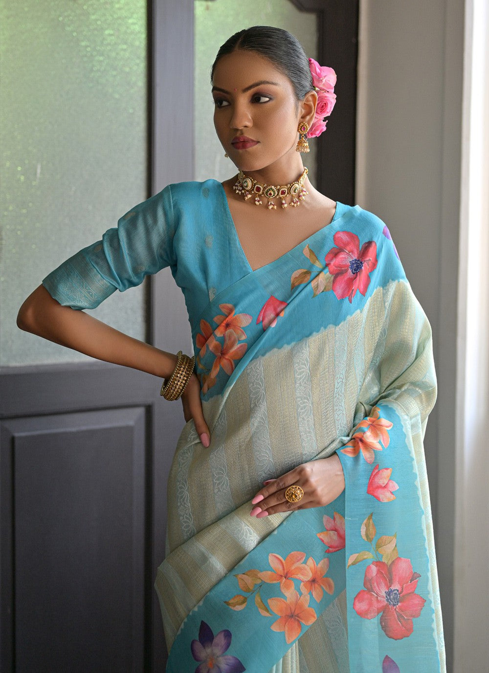 Trendy Printed Silk Pink Saree - S10914